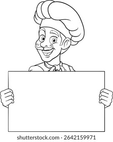 A chef or baker cartoon cook food man mascot character holding a sign or menu board with copy space illustration