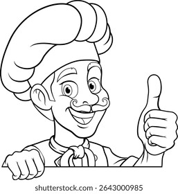 A chef or baker cartoon cook food man mascot character peeking around a sign or menu with copy space illustration