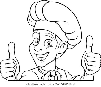 A chef or baker cartoon cook food man mascot character peeking around a sign or menu with copy space illustration