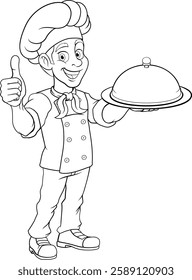 A chef or baker cartoon cook giving thumbs up and holding a platter plate with cloche mascot character illustration 