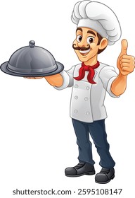 A chef or baker cartoon cook giving thumbs up and holding a platter plate with cloche mascot character illustration 