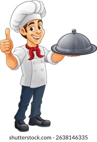 A chef or baker cartoon cook giving thumbs up and holding a platter plate with cloche mascot character illustration 