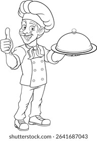A chef or baker cartoon cook giving thumbs up and holding a platter plate with cloche mascot character illustration 