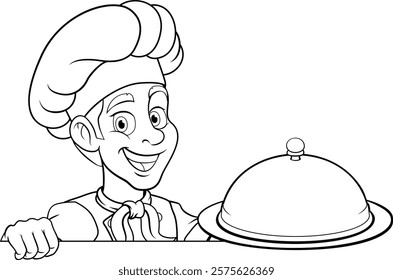 A chef or baker cartoon cook peeking around a sign or menu with copyspace. Giving a thumbs up and holding a platter plate or tray with cloche, mascot character illustration 