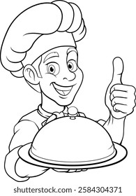 A chef or baker cartoon cook peeking around a sign or menu with copyspace. Giving a thumbs up and holding a platter plate or tray with cloche, mascot character illustration 