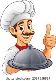 A chef or baker cartoon cook peeking around a sign or menu with copyspace. Giving a thumbs up and holding a platter plate or tray with cloche, mascot character illustration 