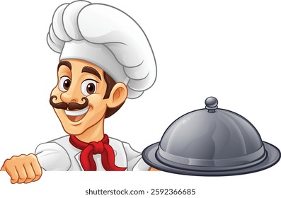 A chef or baker cartoon cook peeking around a sign or menu with copyspace. Giving a thumbs up and holding a platter plate or tray with cloche, mascot character illustration 