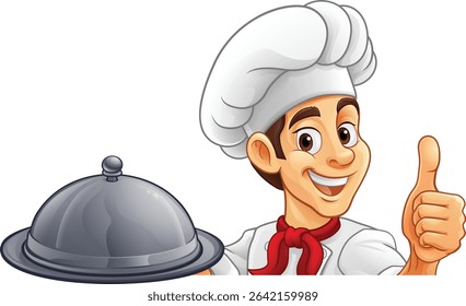 A chef or baker cartoon cook peeking around a sign or menu with copyspace. Giving a thumbs up and holding a platter plate or tray with cloche, mascot character illustration 