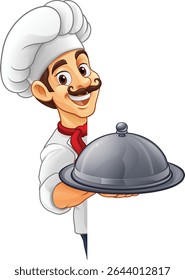 A chef or baker cartoon cook peeking around a sign or menu with copyspace. Giving a thumbs up and holding a platter plate or tray with cloche, mascot character illustration 