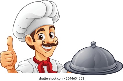 Um cozinheiro de cartum chef ou padeiro que olha em torno de um sinal ou menu com copyspace. Dar um polegar para cima e segurando uma placa ou bandeja com cloche, mascote personagem ilustração 
