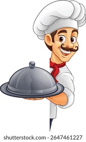 Um cozinheiro de cartum chef ou padeiro que olha em torno de um sinal ou menu com copyspace. Dar um polegar para cima e segurando uma placa ou bandeja com cloche, mascote personagem ilustração 
