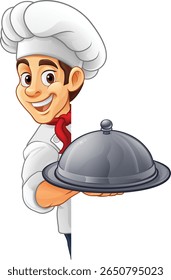 A chef or baker cartoon cook peeking around a sign or menu with copyspace. Giving a thumbs up and holding a platter plate or tray with cloche, mascot character illustration 
