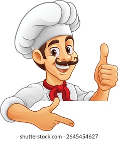 A chef, baker or cook cartoon mascot man giving a thumbs up, peeking around a sign and pointing at it.
