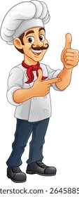 A chef, baker or cook cartoon mascot man giving a thumbs up and pointing