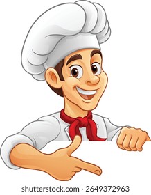 A chef, baker or cook cartoon mascot man peeking around a sign and pointing at it.