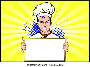 Chef, baker or cook smiling happy holding empty board blank white paper sign, add own text. Retro Comic Book style cartoon, pop art colored drawing, vintage illustration 