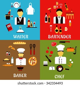 Chef, baker, waiter and bartender professions flat icons with workers of food service industry in professional uniform,  with food and drink symbols