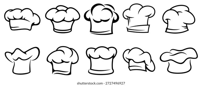 Chef or baker white toques, caps and hats in outline style isolated on white background, for cafe menu or restaurant concept design