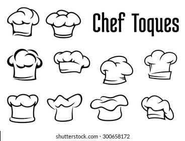 Chef or baker white toques, caps and hats in outline style isolated on white background, for cafe menu or restaurant concept design