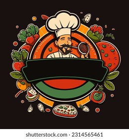 The chef is baking a pizza. Italian cuisine. Italian traditional dishes. Cartoon vector illustration. isolated background, label, sticker