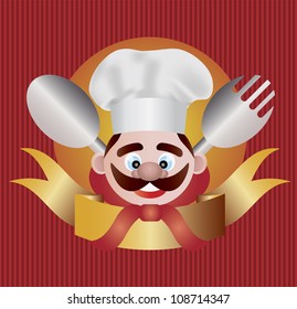 Chef with Banner Fork Spoon on Red Stripes Background Illustration