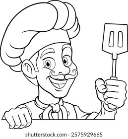 A chef, barbecue cook or baker cartoon food man mascot character holding a spatula and peeking around a sign or menu board with copy space illustration