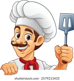 A chef, barbecue cook or baker cartoon food man mascot character holding a spatula and peeking around a sign or menu board with copy space illustration