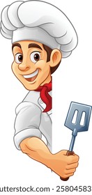 A chef, barbecue cook or baker cartoon food man mascot character holding a spatula and peeking around a sign or menu board with copy space illustration