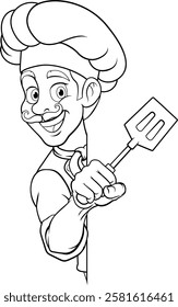 A chef, barbecue cook or baker cartoon food man mascot character holding a spatula and peeking around a sign or menu board with copy space illustration