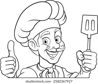 A chef, barbecue cook or baker cartoon food man mascot character holding a spatula and peeking around a sign or menu board with copy space illustration