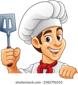 A chef, barbecue cook or baker cartoon food man mascot character holding a spatula and peeking around a sign or menu board with copy space illustration