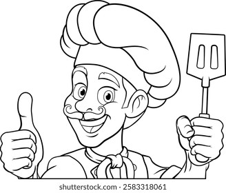 A chef, barbecue cook or baker cartoon food man mascot character holding a spatula and peeking around a sign or menu board with copy space illustration