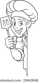 A chef, barbecue cook or baker cartoon food man mascot character holding a spatula and peeking around a sign or menu board with copy space illustration