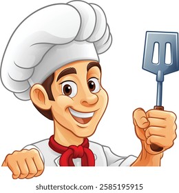 A chef, barbecue cook or baker cartoon food man mascot character holding a spatula and peeking around a sign or menu board with copy space illustration