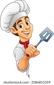 A chef, barbecue cook or baker cartoon food man mascot character holding a spatula and peeking around a sign or menu board with copy space illustration