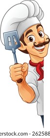 Um chef, cozinheiro de churrasco ou padeiro desenho animado homem mascote personagem segurando uma espátula e espiando em torno de uma placa ou menu com cópia espaço ilustração