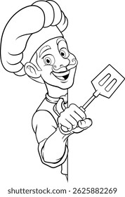 Um chef, cozinheiro de churrasco ou padeiro desenho animado homem mascote personagem segurando uma espátula e espiando em torno de uma placa ou menu com cópia espaço ilustração