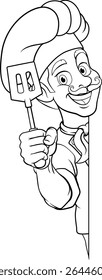 Um chef, cozinheiro de churrasco ou padeiro desenho animado homem mascote personagem segurando uma espátula e espiando em torno de uma placa ou menu com cópia espaço ilustração