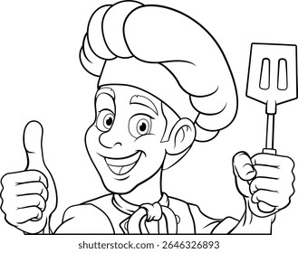 Um chef, cozinheiro de churrasco ou padeiro desenho animado homem mascote personagem segurando uma espátula e espiando em torno de uma placa ou menu com cópia espaço ilustração