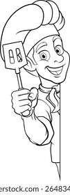 Um chef, cozinheiro de churrasco ou padeiro desenho animado homem mascote personagem segurando uma espátula e espiando em torno de uma placa ou menu com cópia espaço ilustração