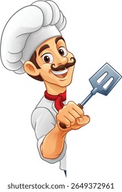 A chef, barbecue cook or baker cartoon food man mascot character holding a spatula and peeking around a sign or menu board with copy space illustration