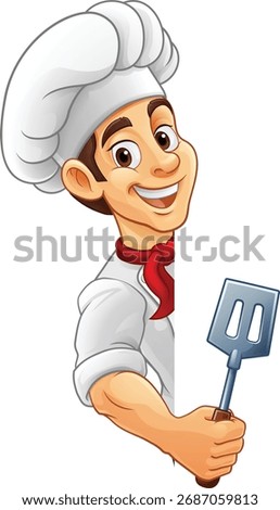 A chef, barbecue cook or baker cartoon food man mascot character holding a spatula and peeking around a sign or menu board with copy space illustration