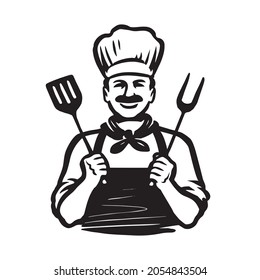 Chef with barbecue fork spatula. Design element for restaurant or cafe menu