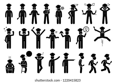 Chef basic poses, feelings, actions, and emotions. Stick figures shows the chef or cook is feeling happy, sad, angry, and successful. Other actions include standing up, sitting, walking, and running.