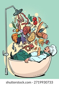 Un chef en el baño. Una amplia gama de cocinas y platos. Restaurante y chef profesional. Pop Arte Retro Ilustración vectorial Kitsch Antiguas 50s 60s Estilo