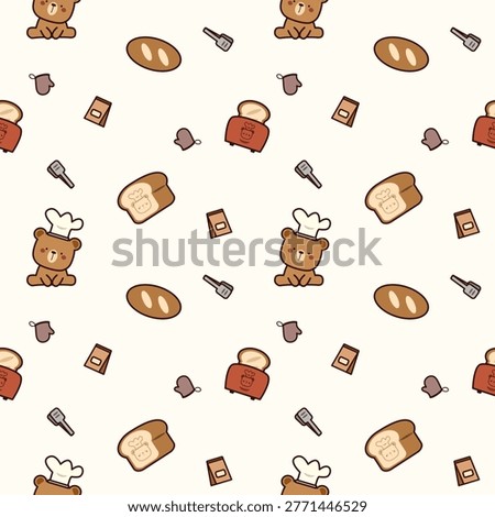Chef bear cartoon so cute. On toaster bread bag tongs oven gloves bag background. Pattern seamless vector illustration. 
