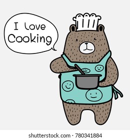 Chef Bear Is Cooking. Brown Bear Wearing An Blue Apron Say "i Love Cooking".