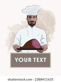 Chef con barba, vintage ilustración gráfica vectorial. El carnicero sostiene una bandeja con un jamón ahumado. Un guapo carnicero ofrece un prosciutto. Plantilla del logotipo del chef. Chef árabe, cocina ilustración de dibujos animados.