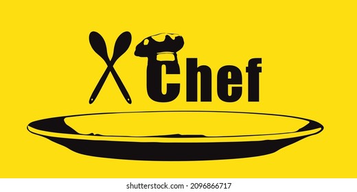 Logo negro del chef con fondo amarillo. Afiche del chef. Decoración de la pared del chef, signo, icono. Logotipo aislado. Ilustración vectorial.