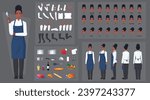 Chef Black Woman, Cook Character Construction and Animation Pack, Black Woman Wearing chef cloths and Hat, with blue Apron, Kitchen equipment, Food, Mouth Animation and Lip Sync Vector Illustration